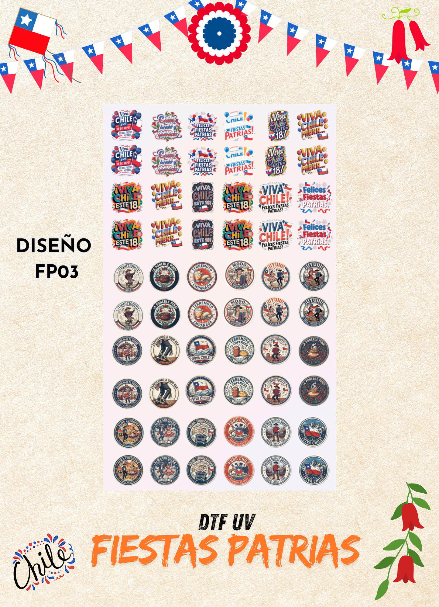 LIENZO DTF UV FIESTAS PATRIAS – FRASES CHILENAS- FP#03 – 58×100 CM