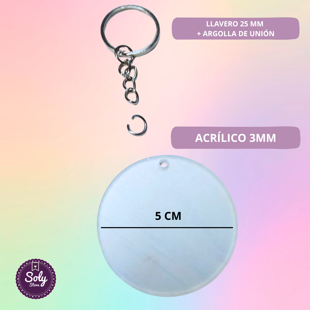 Pack 50 Llaveros Acrílicos redondo TRANSPARENTE 5cm Sublimación