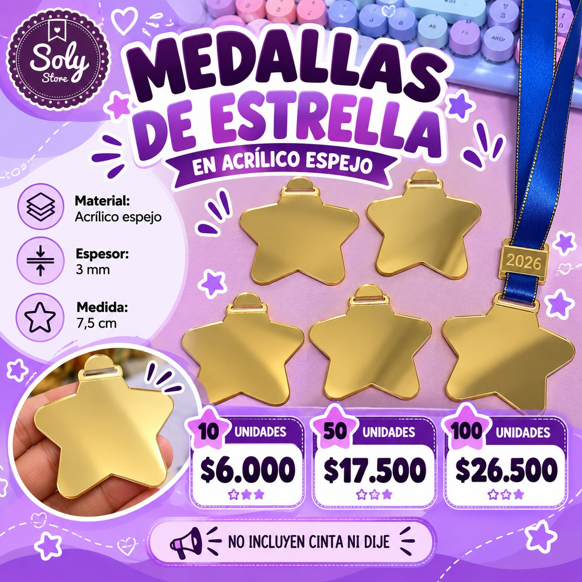 Medalla acrílica dorada estrella