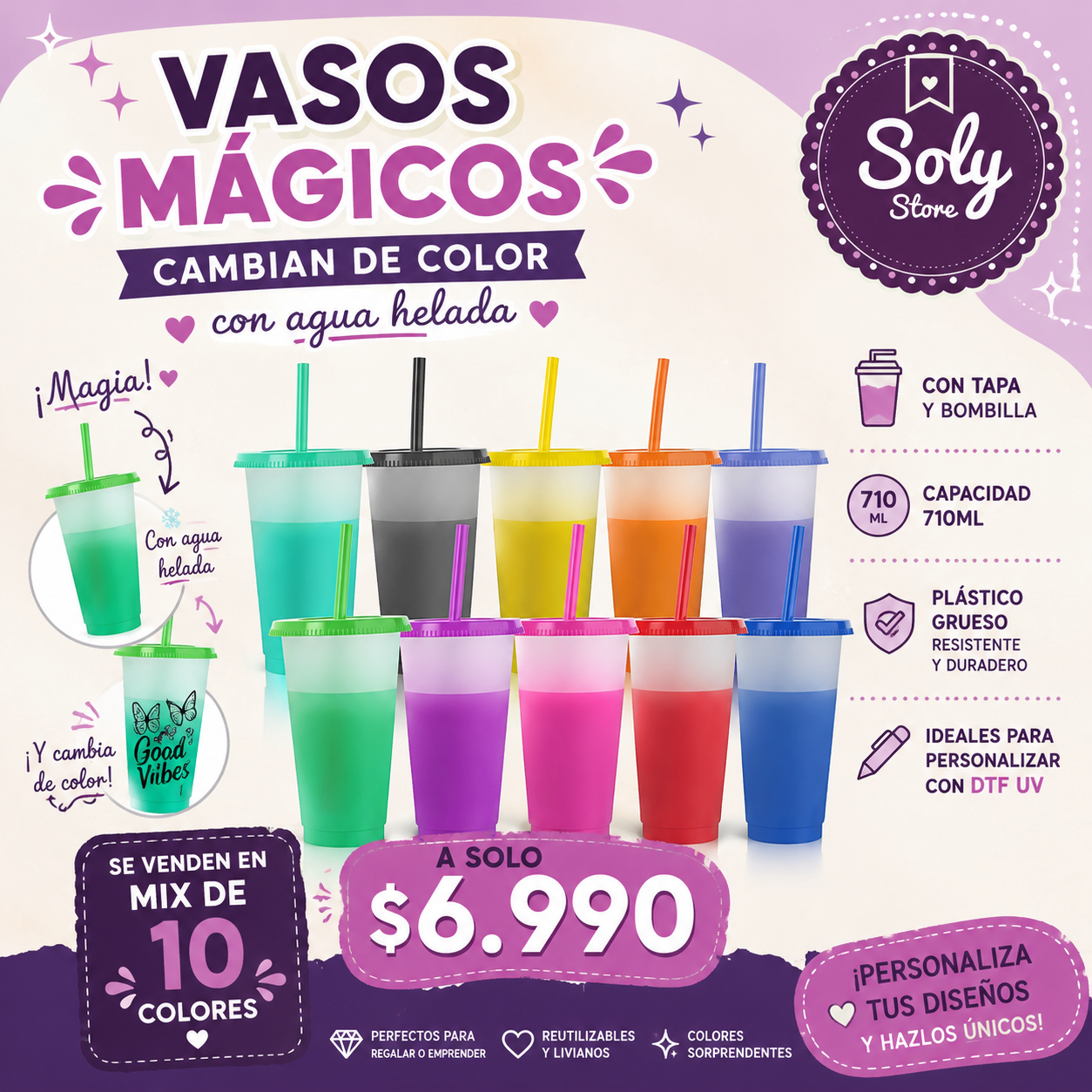 Vasos Mágicos Cambian de Color 710 ml con Tapa y Bombilla – Mix 10 Colores