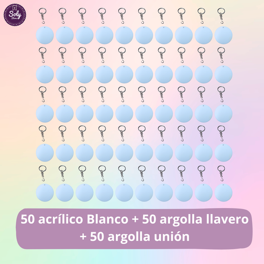Pack 50 Llavero Acrílicos redondo BLANCO 5cm Sublimación