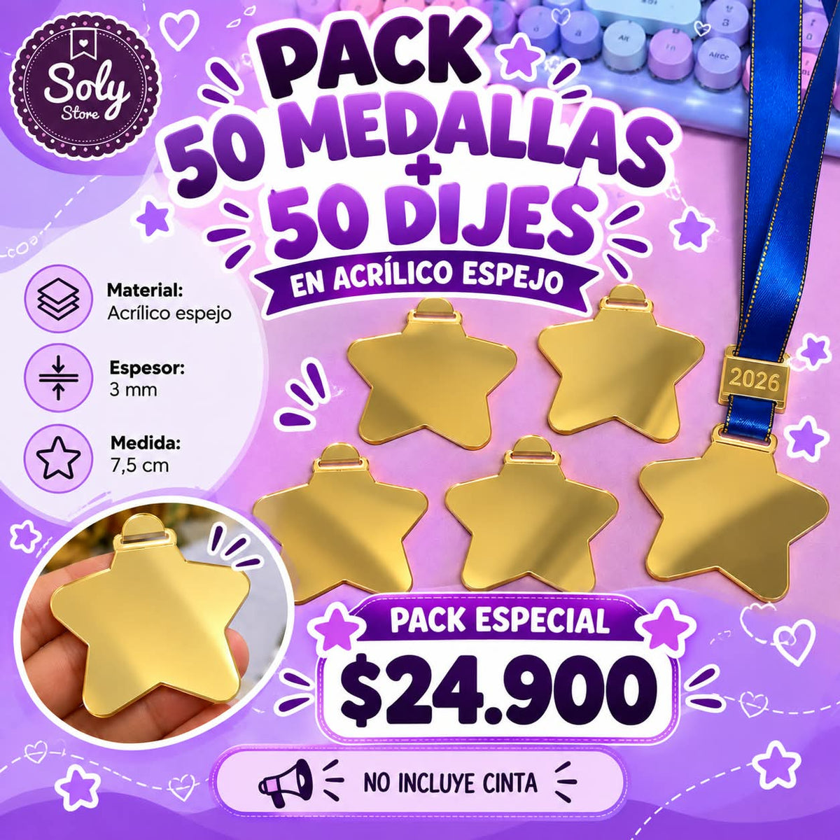 PACK 50 Medalla acrílica dorada estrella + dije 2026