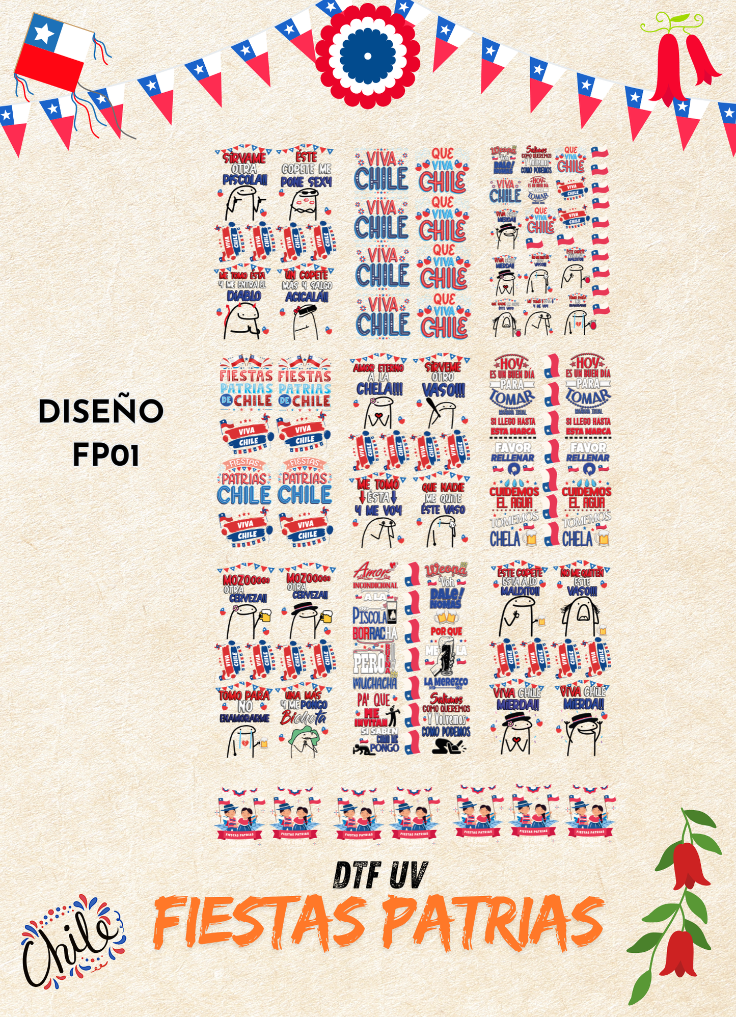 LIENZO DTF UV FIESTAS PATRIAS – FRASES CHILENAS- FP#01 – 58×100 CM