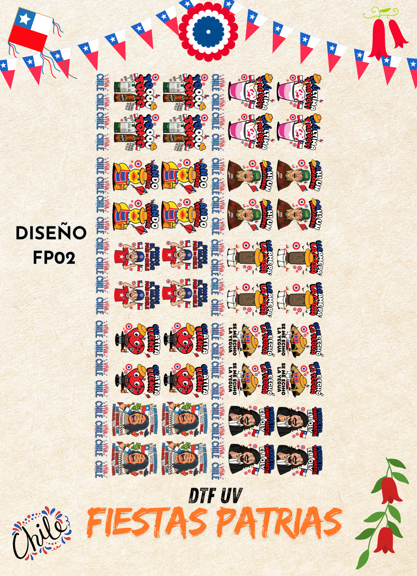 LIENZO DTF UV FIESTAS PATRIAS – FRASES CHILENAS- FP#02 – 58×100 CM