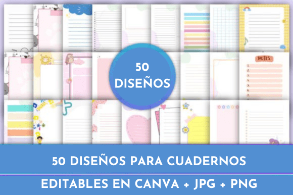 PACK 2 - 50 DISEÑOS HOJAS CUADERNOS PNG + JPG + CANVA