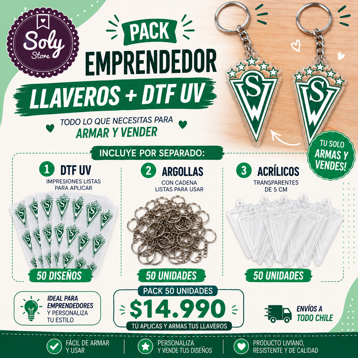 PACK EMPRENDEDOR LLAVERO ACRÍLICO + DTF UV SANTIAGO WANDERERS