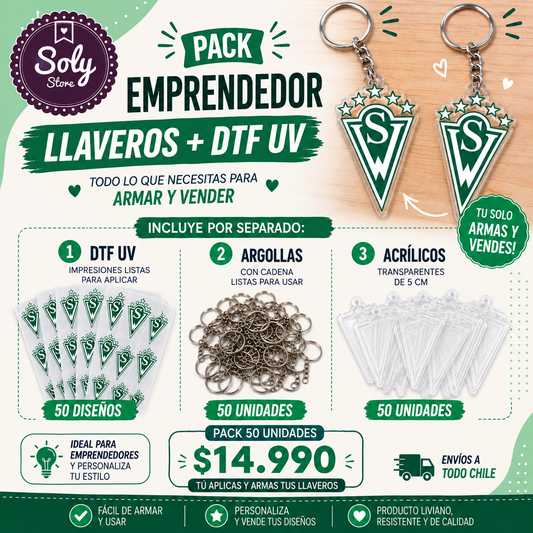 PACK EMPRENDEDOR LLAVERO ACRÍLICO + DTF UV SANTIAGO WANDERERS