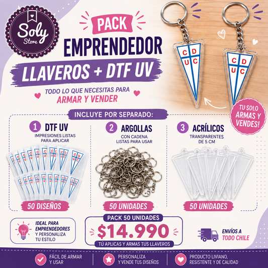 PACK EMPRENDEDOR LLAVERO ACRÍLICO + DTF UV UNIVERSIDAD CATOLICA