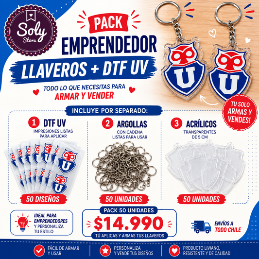 PACK EMPRENDEDOR LLAVERO ACRÍLICO + DTF UV UNIVERSIDAD DE CHILE