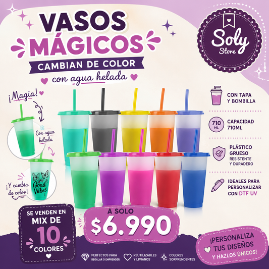 Vasos Mágicos Cambian de Color 710 ml con Tapa y Bombilla – Mix 10 Colores