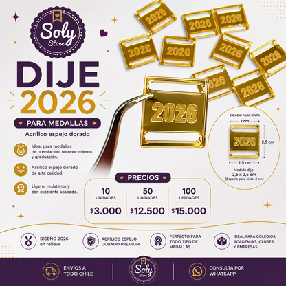 Dije Acrílico espejo dorado 2026 para medallas