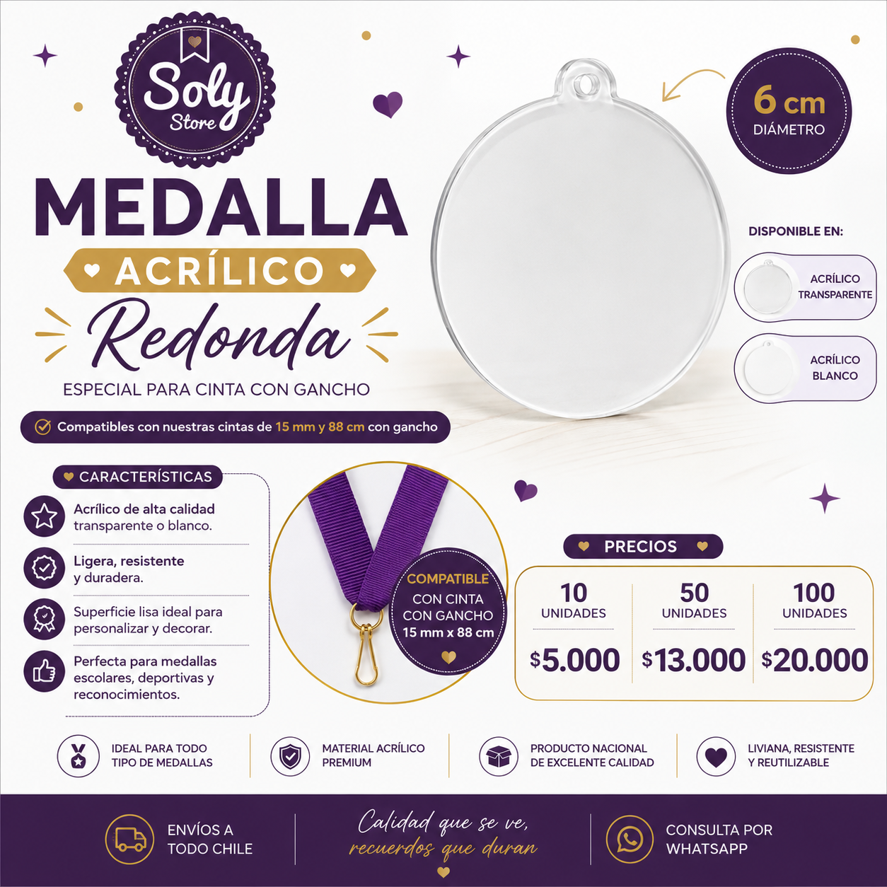 Medalla acrílica para cinta de gancho