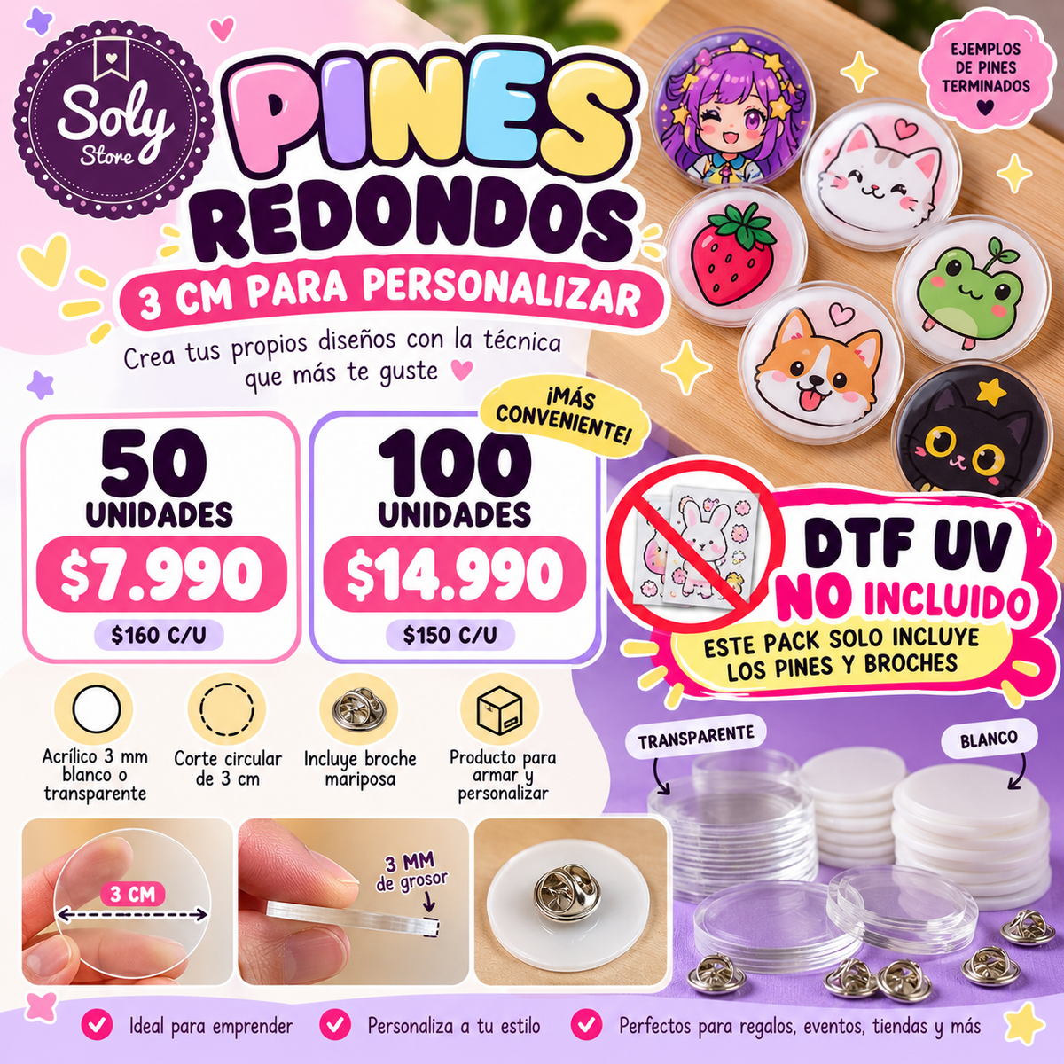 Pines Redondos de Acrílico 3 cm para Personalizar - TRANSPARENTE
