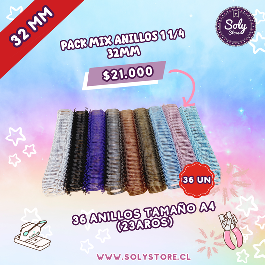 Caja 36 anillos 32mm paso 2:1 mix de colores