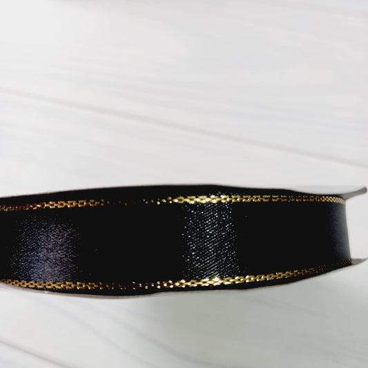 CINTA SATIN CON BORDE DORADO 50 MT - NEGRO