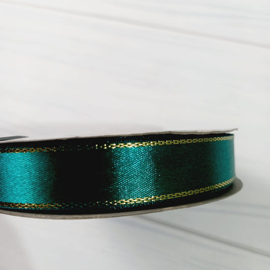 CINTA SATIN CON BORDE DORADO 50 MT - VERDE ESMERALDA